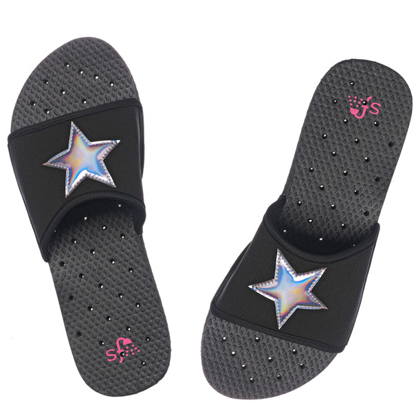 product variation SHOWAFLOPS Women's Casual Slip-Resistant Black Slides with Neoprene Strap and Silver Hologram Star (2442) image