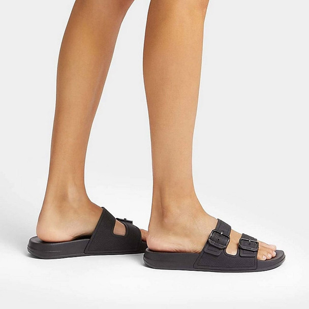 product variation FITFLOP Women's iQushion All Black Two-Bar Buckle Slides (FD2-090) image
