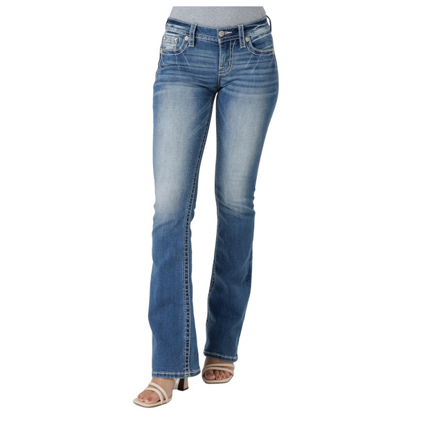 product variation MISS ME Women's Floral Mid Rise Dark Blue Slim Fit Bootcut Jeans with Faux Flap Pockets (M9295BV) image