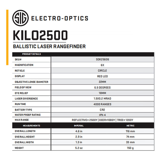 product variation SIG SAUER KILO2500 6x22 Red LED Ballistic Laser Rangerfinder (SOK25606) image