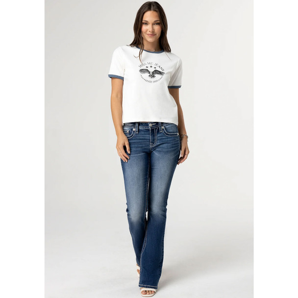 product variation MISS ME Women's Diamond Angel Golden V Wings Faux Flap Pockets Dark Blue Mid-Rise Bootcut Jeans (M5082B171V) image