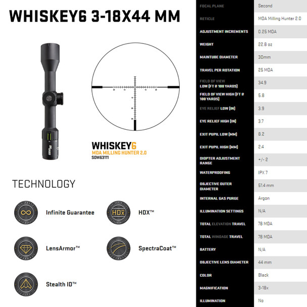 product variation SIG SAUER Whiskey6 3-18x44mm MOA Milling Hunter 2.0 Reticle Riflescope (SOW63111) image