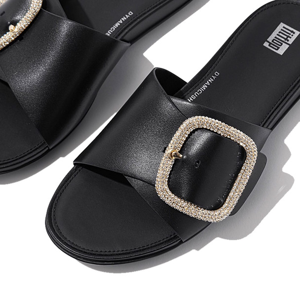 product variation FITFLOP Women's Gracie Crystal Maxi-Buckle Black Leather Slides (HX3-001) image