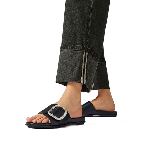 product variation FITFLOP Women's Gracie Crystal Maxi-Buckle Black Leather Slides (HX3-001) image