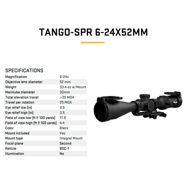 product variation SIG SAUER Tango-SPR 6-24x52mm 30mm SFP Moa Reticle Black Riflescope w/ 1.535 Mount (SOTS46000) image