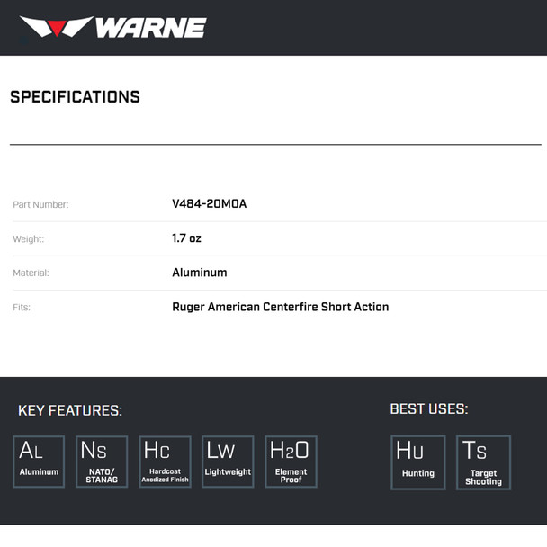 product variation WARNE Vapor 20 MOA Picatinny Rail for Ruger American Centerfire SA (V484-20MOA) image