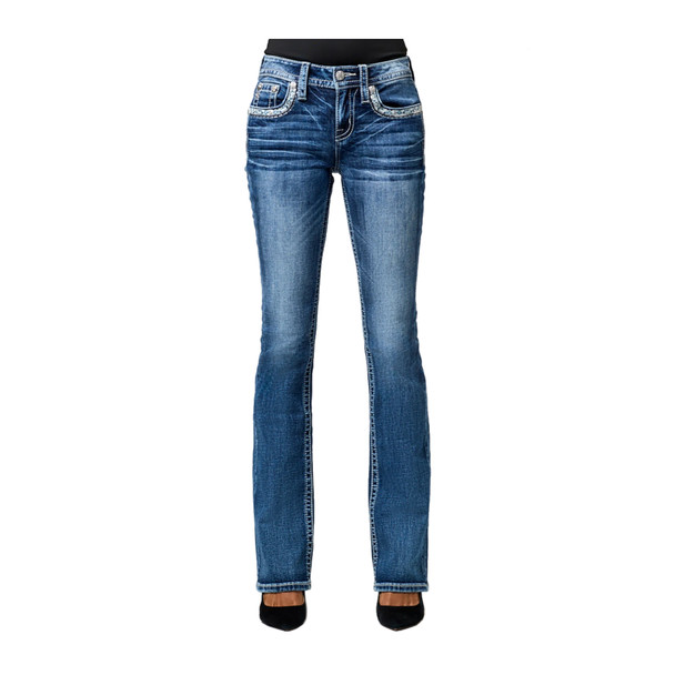 product variation MISS ME Womens Crissy Alyx Winter Lace Faux Flap Pocket 30L Mid-Rise Medium Blue Bootcut Jeans (M3444B125S) image