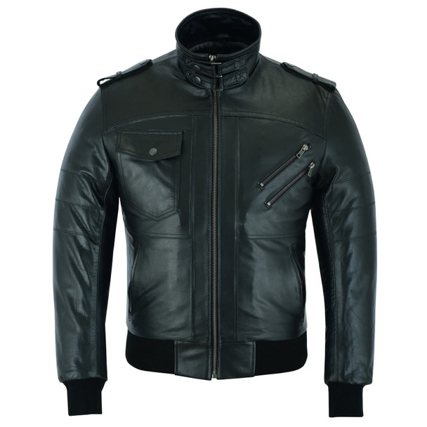 product variation VANCE LEATHERS USA Men's Sven Bomber Black Waxed Premium Cowhide Motorcycle Leather Jacket with Removable Hood (VL551B) image