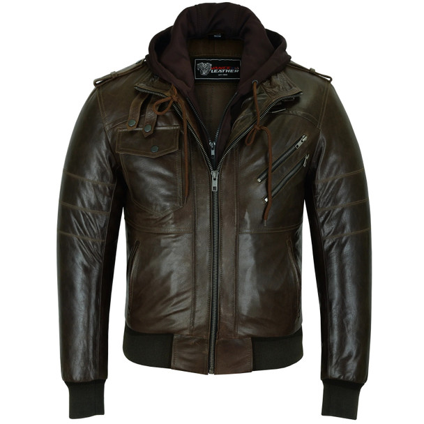 product variation VANCE LEATHERS USA Men's Vincent Brown Waxed Premium Cowhide Motorcycle Leather Jacket With Removable Hoodie (VL551CBr) image