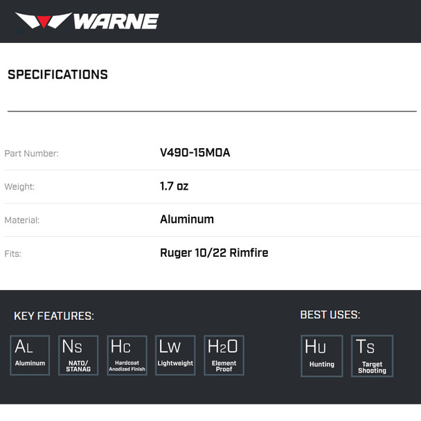 product variation WARNE Vapor 15 MOA Picatinny Rail for Ruger 10/22 (V490-15MOA) image