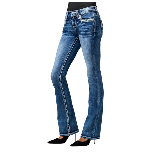 product variation MISS ME Women's Crissy Alyx Winter Lace Faux Flap Pocket Medium Blue Mid-Rise Bootcut Jeans (M3444B125V) image