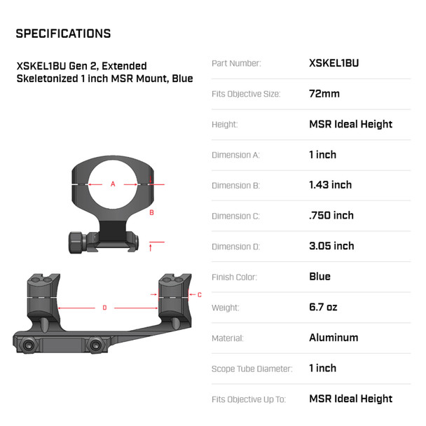 product variation WARNE XSKEL Gen 2 Extended Skeletonized 1in MSR Blue Mount (XSKEL1BU) image