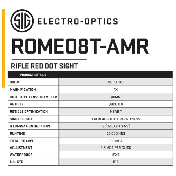 product variation SIG SAUER Romeo8T-AMR 1x40mm QBCD 2.0 Reticle Red Dot Sight (SOR8T101) image
