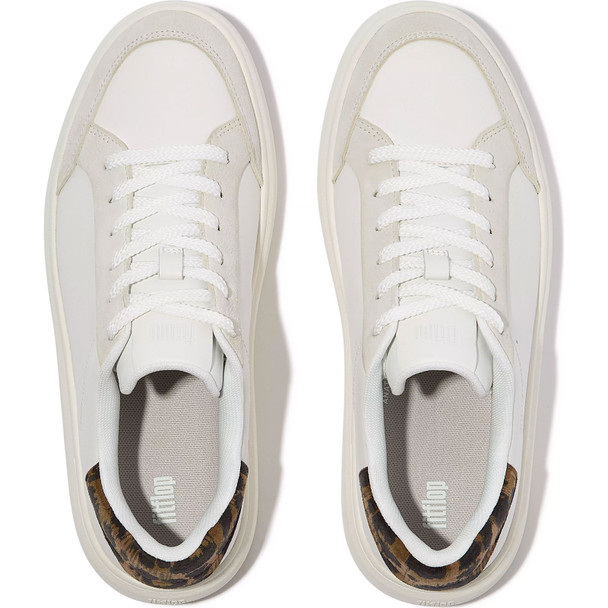 product variation FITFLOP Women's RTG Leopard-Backtab Leather/Suede Urban White/Chocolate Mix Sneakers (E4F-D26) image