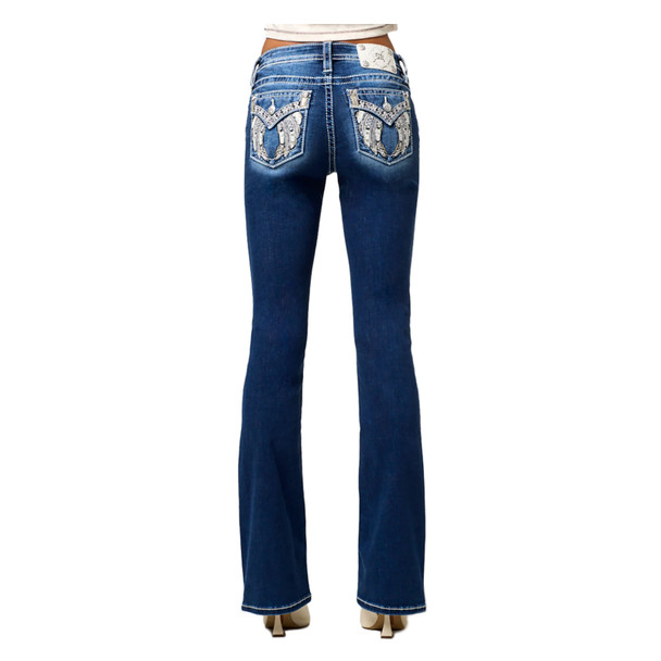 product variation MISS ME Womens Cassiel Wings Tribal Feather Faux Flap Pocket Mid-Rise 32L Bootcut Jeans (M5082B181V) image