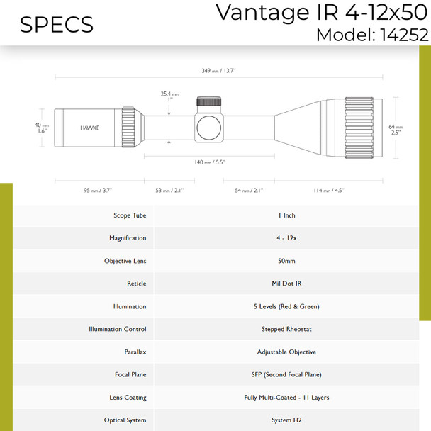 product variation HAWKE Vantage IR 4-12x50 AO 1in Mil Dot IR Reticle Riflescope (14252) image