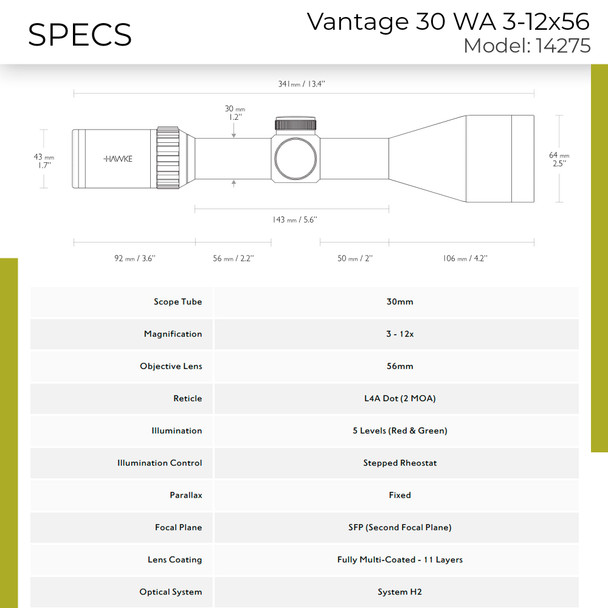 HAWKE Vantage 30 WA 3-12x56 30mm L4A Riflescope 14275