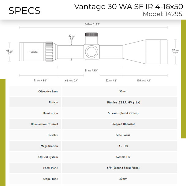 product variation HAWKE Vantage 30 WA SF IR 4-16x50 Rimfire .22 LR HV Reticle Riflescope (14295) image