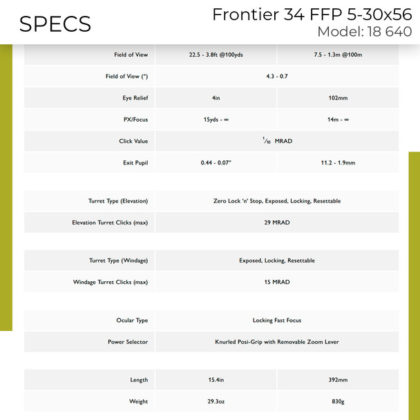 product variation HAWKE Frontier 34 FFP 5-30x56 Mil Pro Ext Reticle Riflescope (18640) image