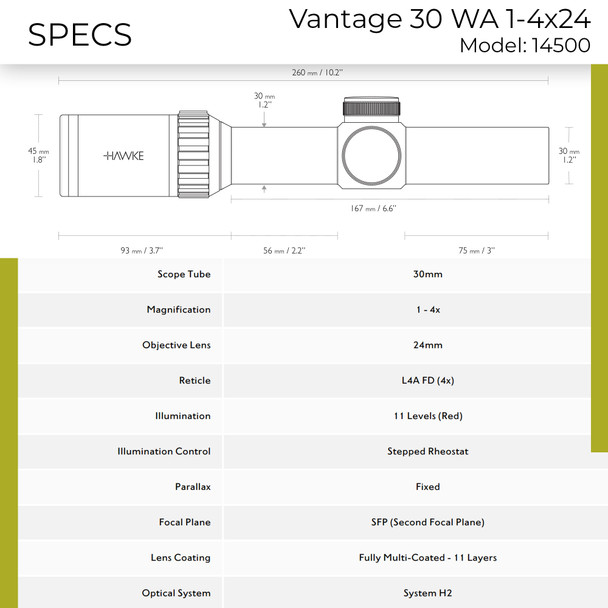 product variation HAWKE Vantage 30 WA IR 1-4x24 Fiber Dot 1/2 MOA Low-Profile Riflescope (14500) image