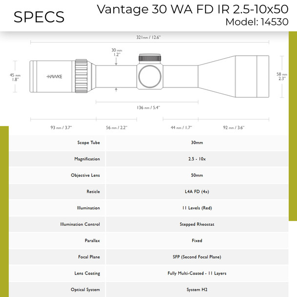 product variation HAWKE Vantage 30 WA IR 2.5-10x50 Fiber Dot 1/4 MOA Low-Profile Riflescope (14530) image