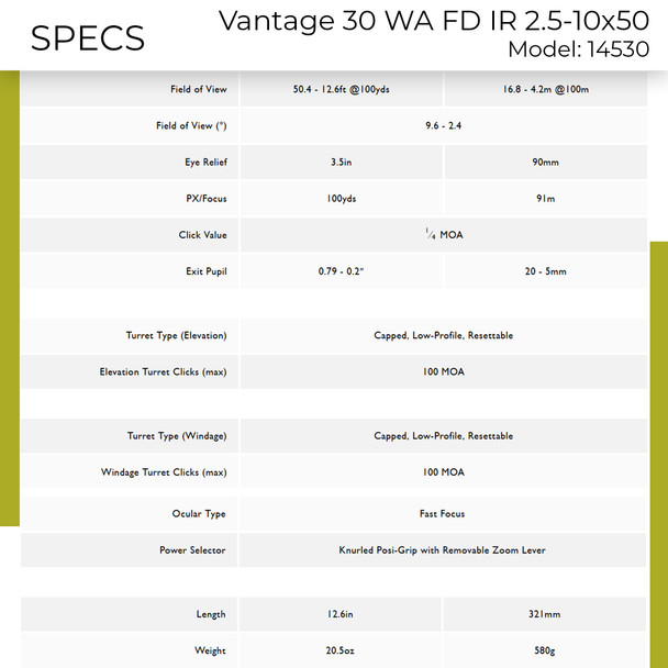 product variation HAWKE Vantage 30 WA IR 2.5-10x50 Fiber Dot 1/4 MOA Low-Profile Riflescope (14530) image