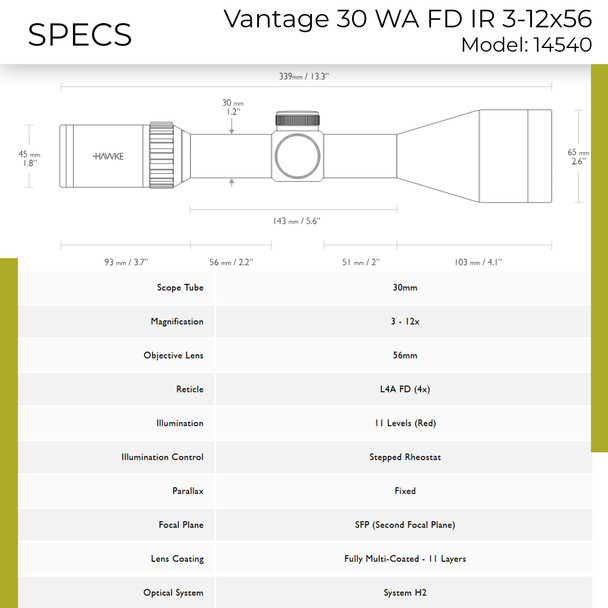 product variation HAWKE Vantage 30 WA IR 3-12x56 Fiber Dot 1/4 MOA Low-Profile Riflescope (14540) image