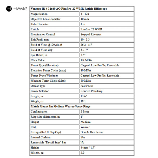 product variation HAWKE Vantage IR 4-12x40 AO Rimfire .22 WMR Reticle Riflescope with Match Mount 1in Medium Weaver Scope Rings (14242+22113) image