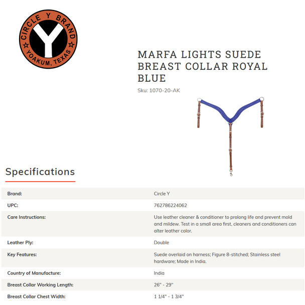 product variation CIRCLE Y Marfa Lights Suede Royal Blue Breast Collar (1070-20-AK) image