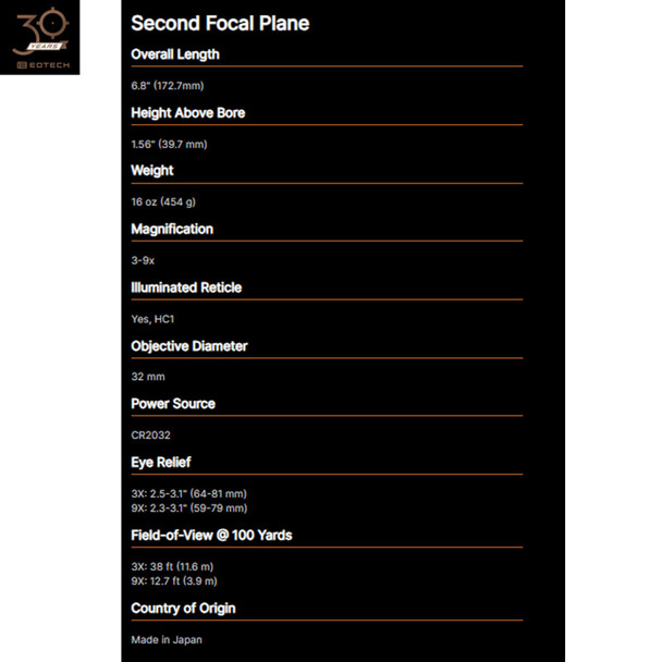 product variation EOTECH Vudu 3-9x32 SFP Ultra Short HC1 Reticle Riflescope w/ Integrated Mount (VUDU3-9SFHC1) image