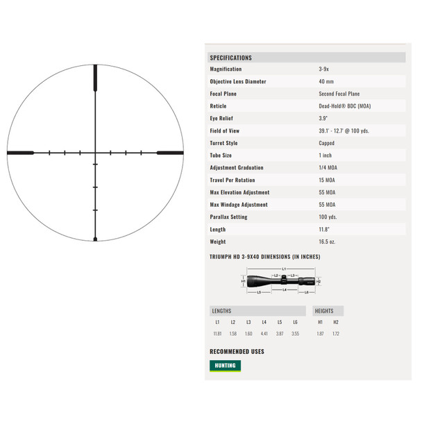 product variation VORTEX Triumph HD 3-9x40 1in Dead-Hold BDC MOA Riflescope (TRI-3901) image