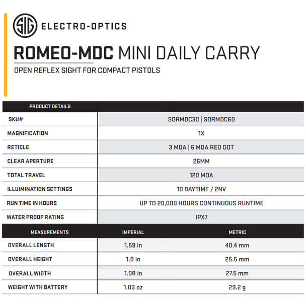 product variation SIG SAUER Romeo-MDC Mini Daily Carry Open 6 MOA Red Dot Reflex Sight (SORMDC60) image