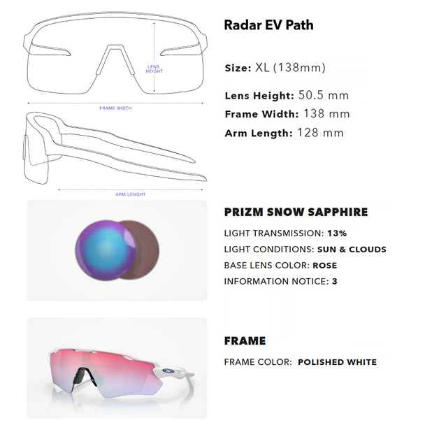 product variation OAKLEY Unisex Radar EV Path Sunglasses w/ Polished White Frame and Prizm Snow Sapphire Lens (OO9208-4738) image