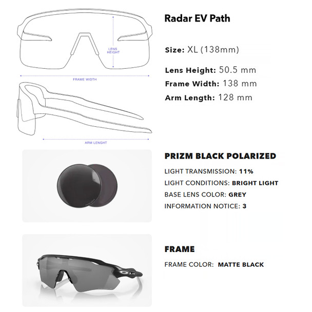product variation OAKLEY Unisex Radar EV Path Sunglasses w/ Matte Black Frame and Prizm Black Polarized Lens (OO9208-5138) image