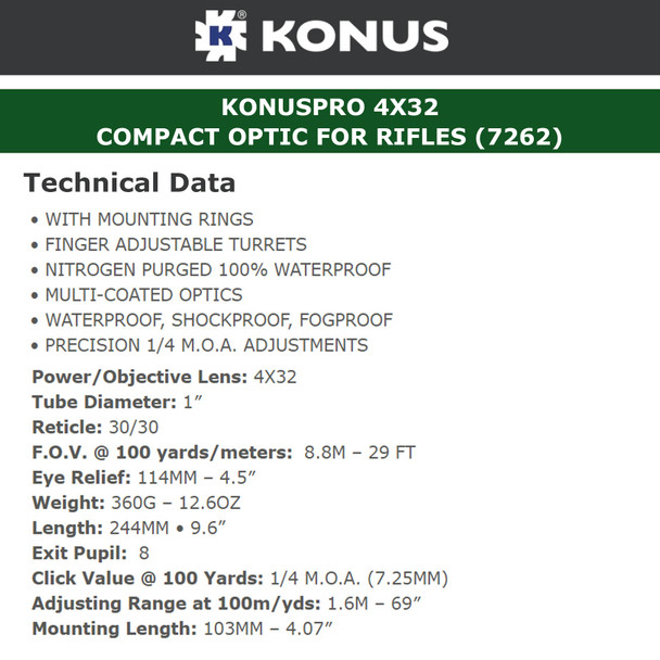 product variation KONUS KonusPro 4x32 1in 30/30 Reticle Black Riflescope (7262) image