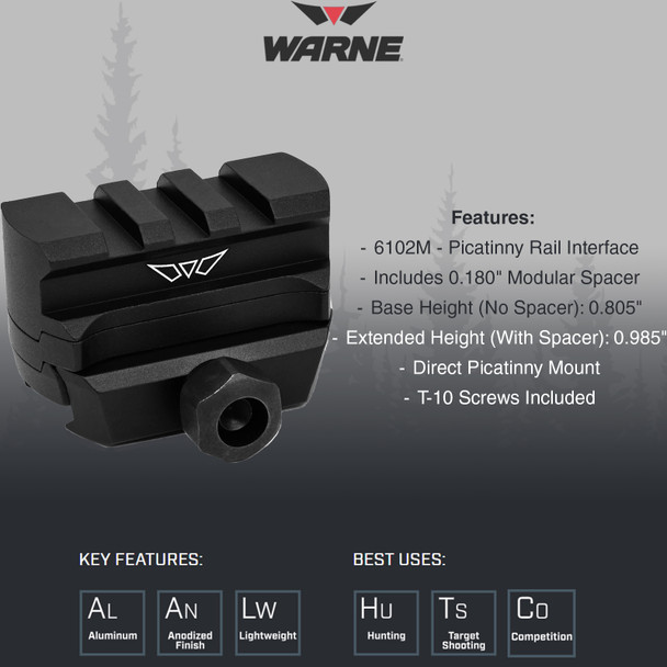 product variation WARNE Tactical Red Dot Picatinny Rail Riser Mount (6102M) image