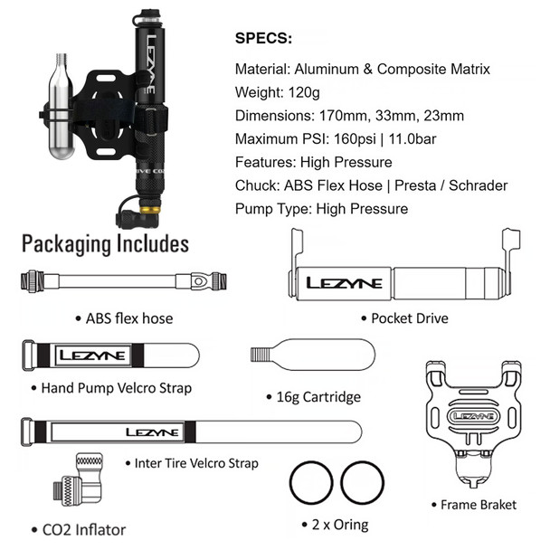 product variation LEZYNE Pocket Drive CO2 Black/Gold Bike Hand Pump (1-MP-PKDRCO2-V104) image
