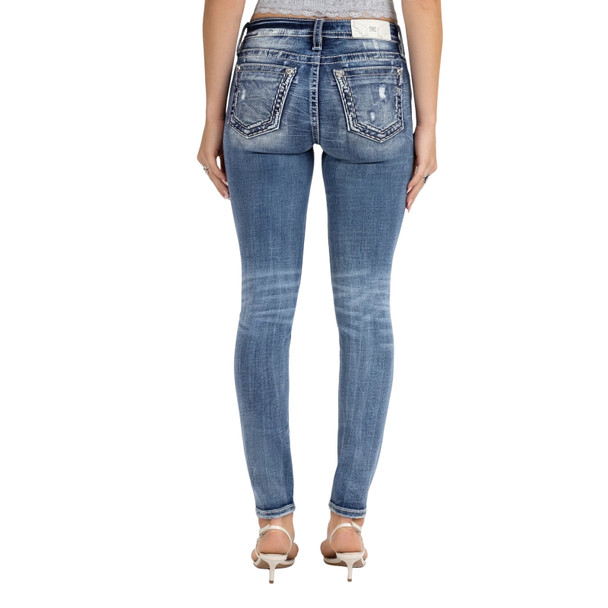 product variation MISS ME Women's Mid-Rise Dark Blue 30L Metallic Border Embellished Skinny Jeans with Freyed Hem (M5012S61) image