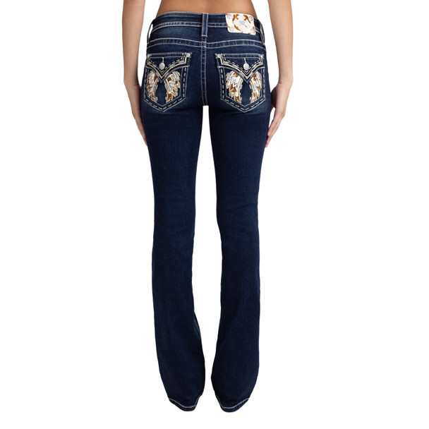 product variation MISS ME Women's Cowhide Wing Western Embellished Dark Blue 30L Faux Flap Pockets Mid-Rise Bootcut Jeans (M5082B214S) image