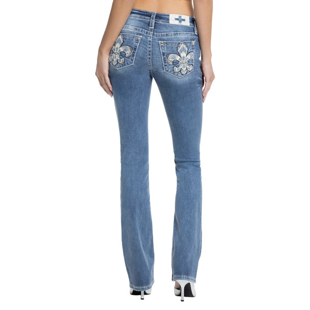product variation MISS ME Women's Shelly Fleur De Lis Dark Blue 34L Embellished Pockets Mid-Rise Slim Bootcut Jeans (M9439SBL) image