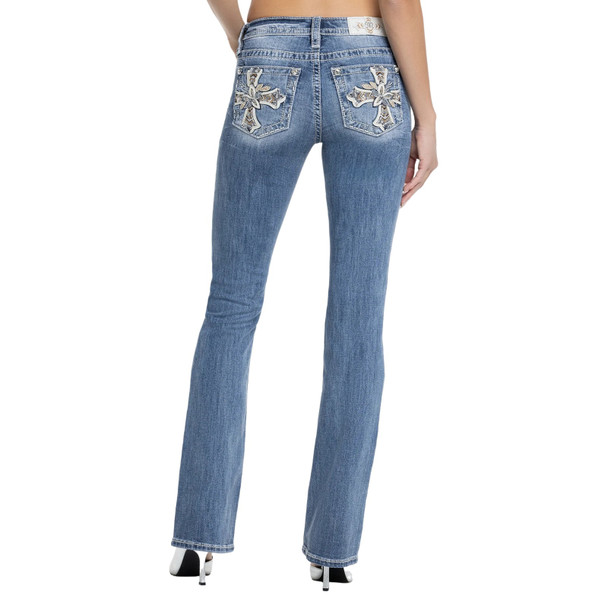 product variation MISS ME Women's Elora Cross Embellished Medium Blue 34L Pockets Mid-Rise Bootcut Jeans (M9461BL) image