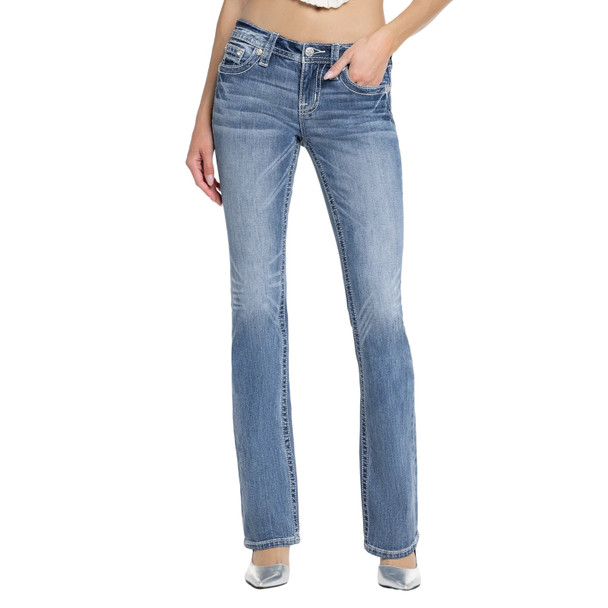 product variation MISS ME Women's Elora Cross Embellished Medium Blue 34L Pockets Mid-Rise Bootcut Jeans (M9461BL) image