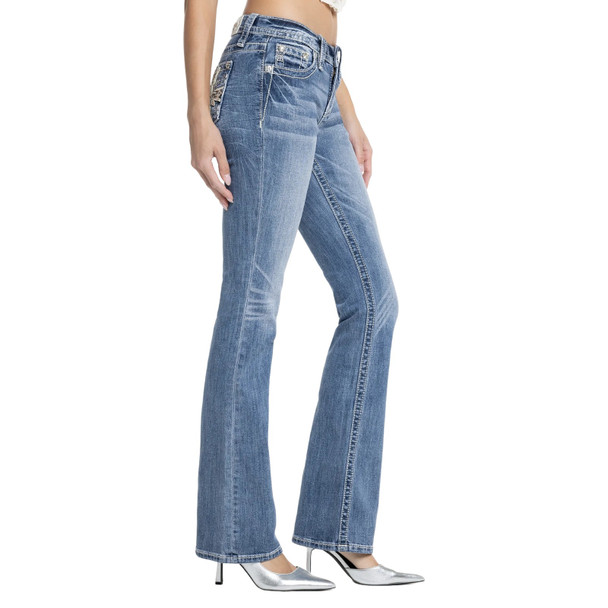 product variation MISS ME Women's Elora Cross Embellished Medium Blue 34L Pockets Mid-Rise Bootcut Jeans (M9461BL) image