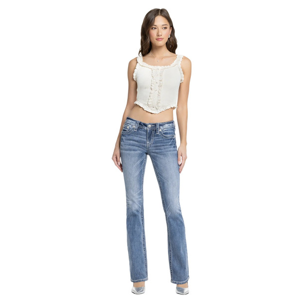 product variation MISS ME Women's Elora Cross Embellished Medium Blue 34L Pockets Mid-Rise Bootcut Jeans (M9461BL) image