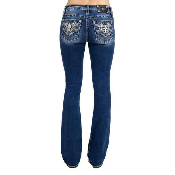 product variation MISS ME Women's Flame Cross and Heart Embellished Pockets Dark Blue 32L Mid-Rise Bootcut Jeans (M9535BV) image