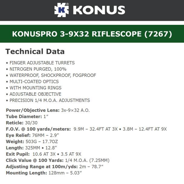product variation KONUS Konuspro 3-9x32mm AO 1in 30/30 Reticle Riflescope w/ Rings (7267) image