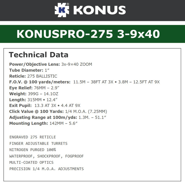 product variation KONUS Konuspro 3-9x40mm 1in 275 Balistic Reticle Riflescope (7278) image