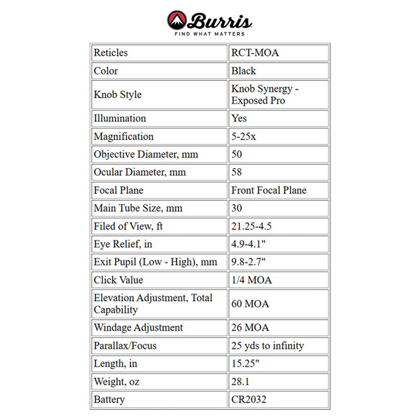 product variation BURRIS Veracity 5-25x50mm Illuminated RCT MOA FFP Reticle Riflescope (200690) image