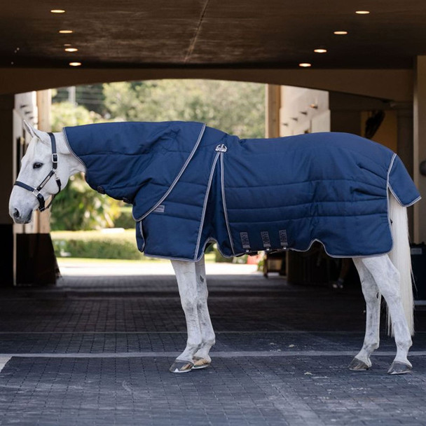 product variation HORSEWARE IRELAND Rambo Optimo 200g Navy/Thunderstorm Grey/Silver Stable Hood (ABAFN2-BJJI) image