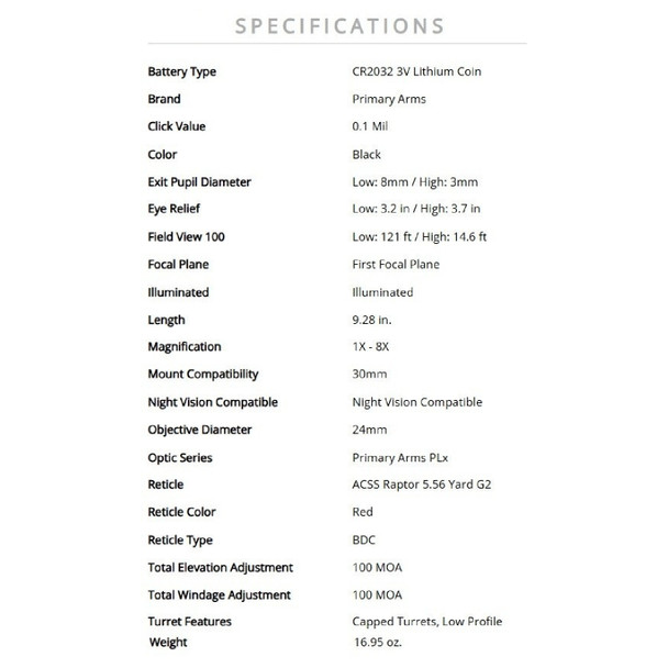 product variation PRIMARY ARMS Compact PLxC 1-8x24mm FFP RDB ACSS Raptor Yard 5.56/.308 Riflescope (PA-PLXC-1-8X24F-RDB-RAPTOR-5.56Y-G2) image